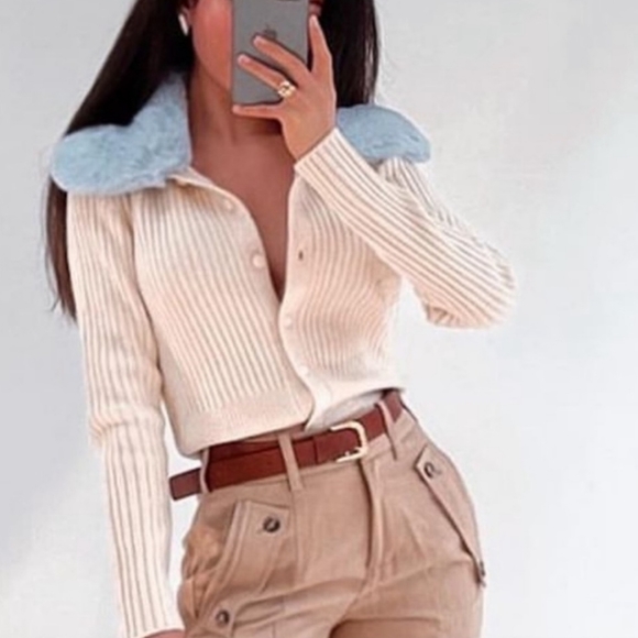 Zara * faux fur knit cardigan Cream Blue - Picture 4 of 15